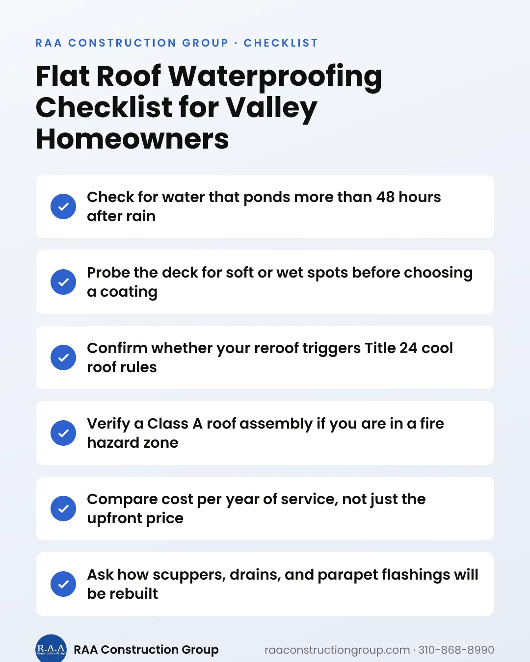 Checklist graphic listing six things to verify before waterproofing a flat roof in Los Angeles.