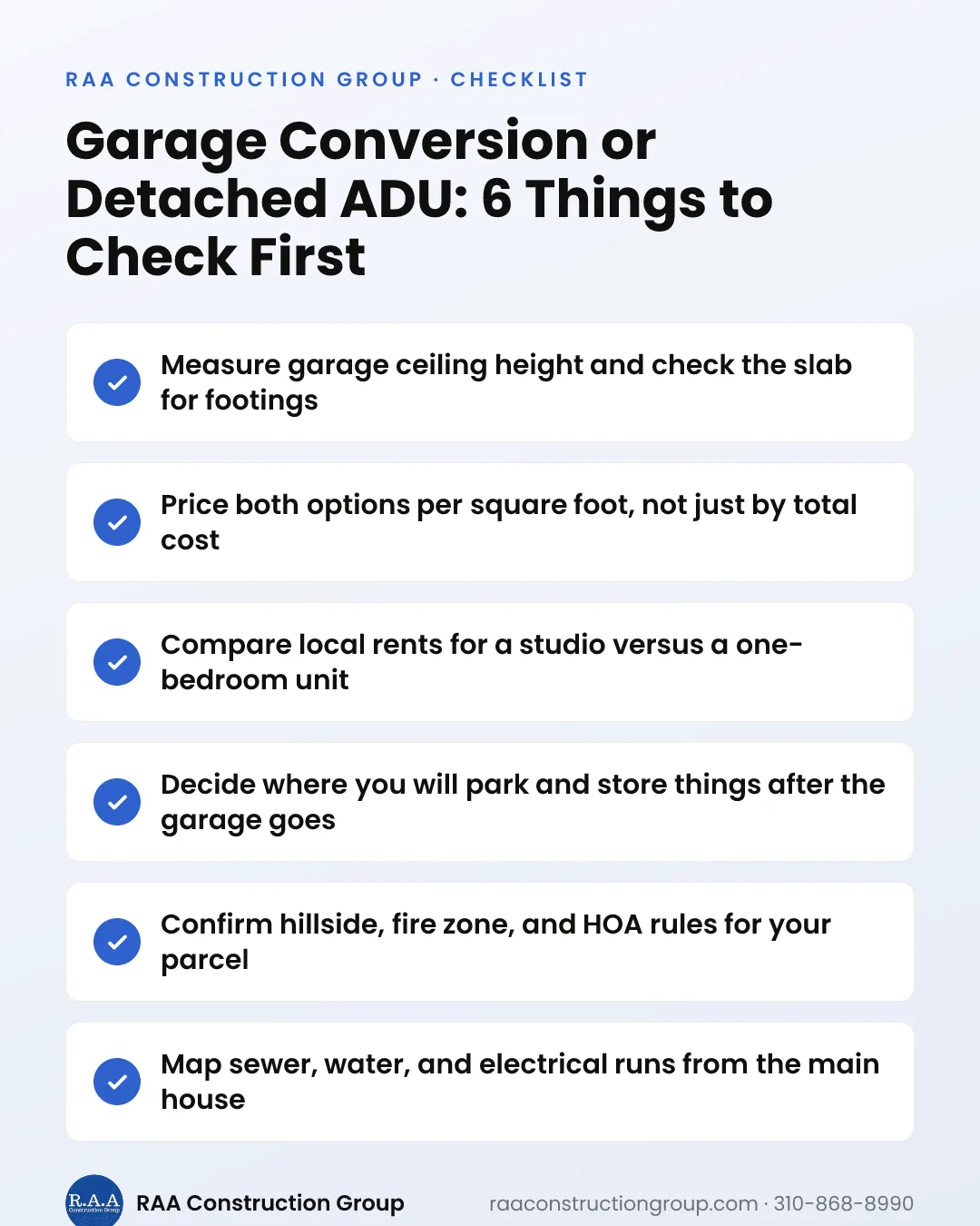 Checklist graphic listing six items to verify before choosing between a garage conversion and a detached ADU in Encino.