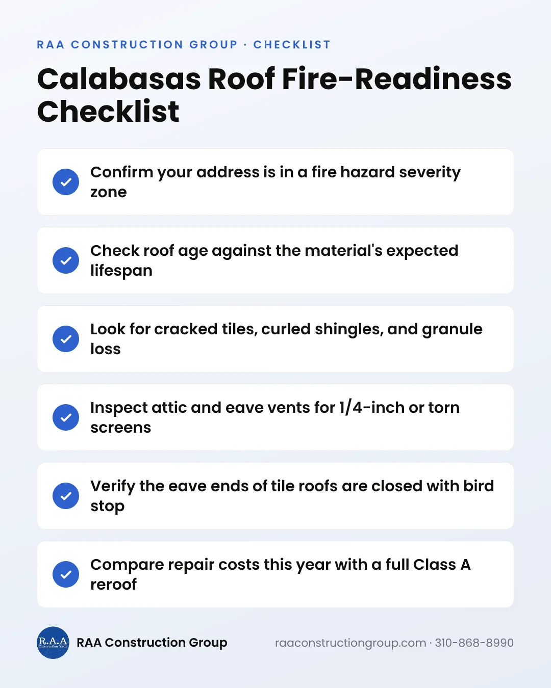 Checklist graphic listing six things Calabasas homeowners should verify about their roof before fire season.