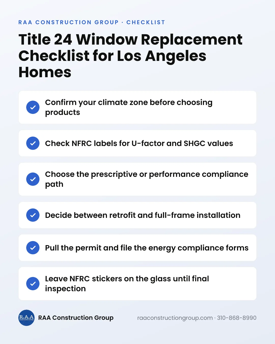 A six-item checklist showing the key Title 24 steps to verify before and during a window replacement in Los Angeles.